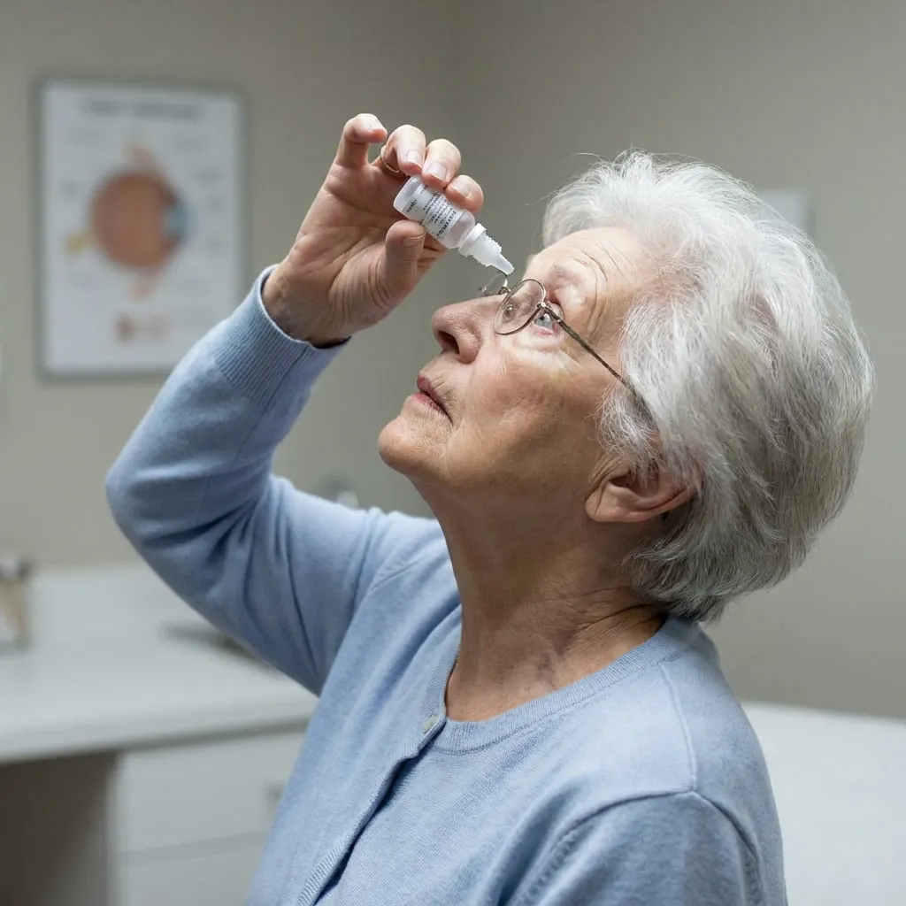 Personne âgée mettant des gouttes dans ses yeux