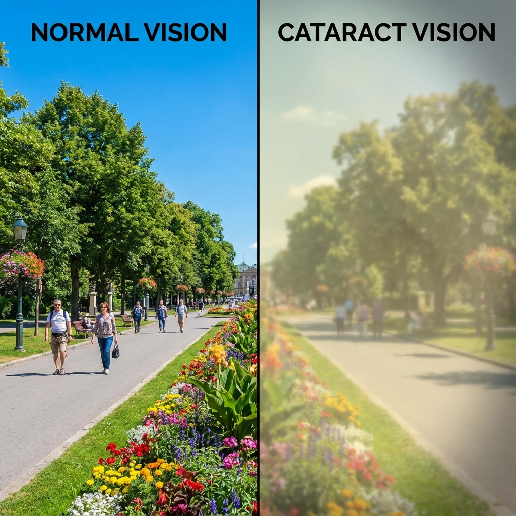 Comparaison entre une vision normale et une vision avec cataracte